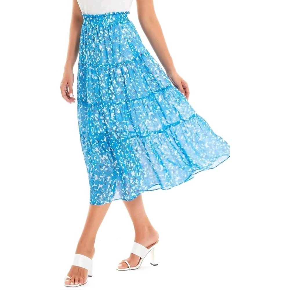 DIASHINY Boho Blue Floral High Waist Pleated Layered A-Line Midi Skirt Medium